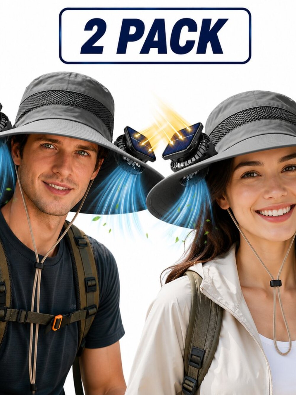 2 Pack Solar Fan Hat UPF 50+ Wide Brim 2 Fans USB Rechargeable Outdoor Sun Hat